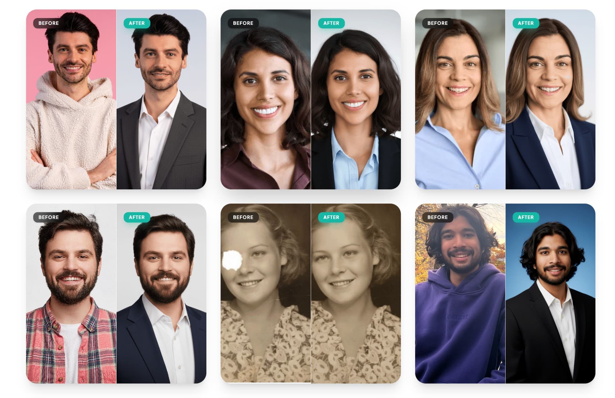 Six before-and-after examples of AI-generated professional headshots